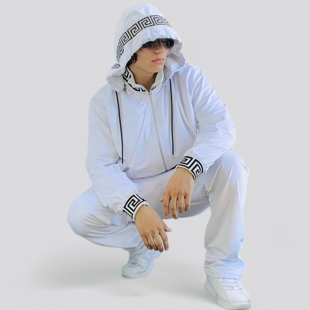 Men’s Manzini White | Black Velvet Hooded Casual Tracksuit NWT
